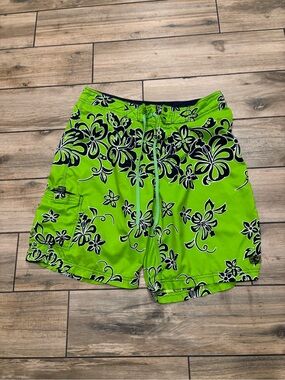 Vintage ONeill Mens Size 34 Lime Green Floral Hawaiian Y2K Surf Boardshorts